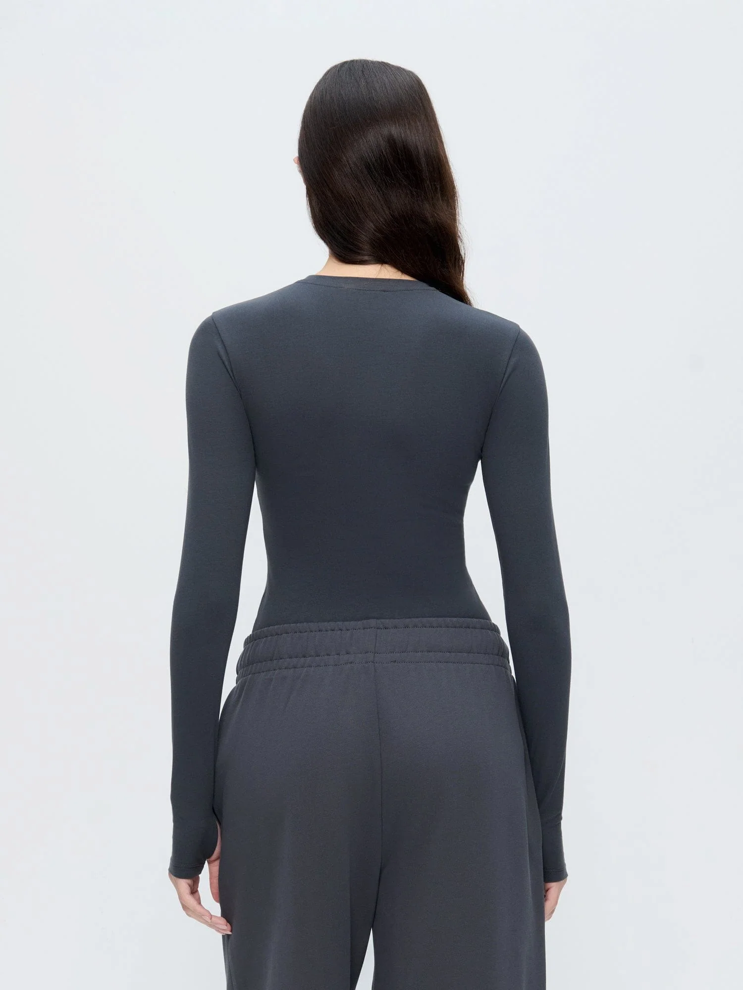 Womens Cotton-Stretch Long-Sleeved Top—Smoked Black - Image 4