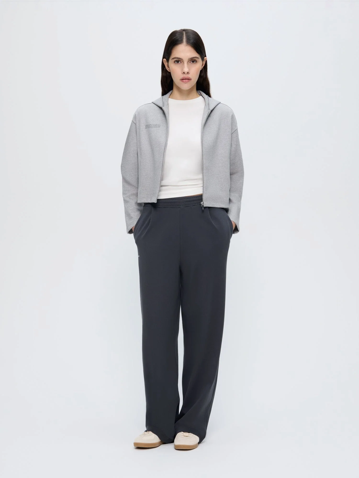 Womens Double Jersey Cropped Zip Up Hoodie—Grey Marl - Image 3