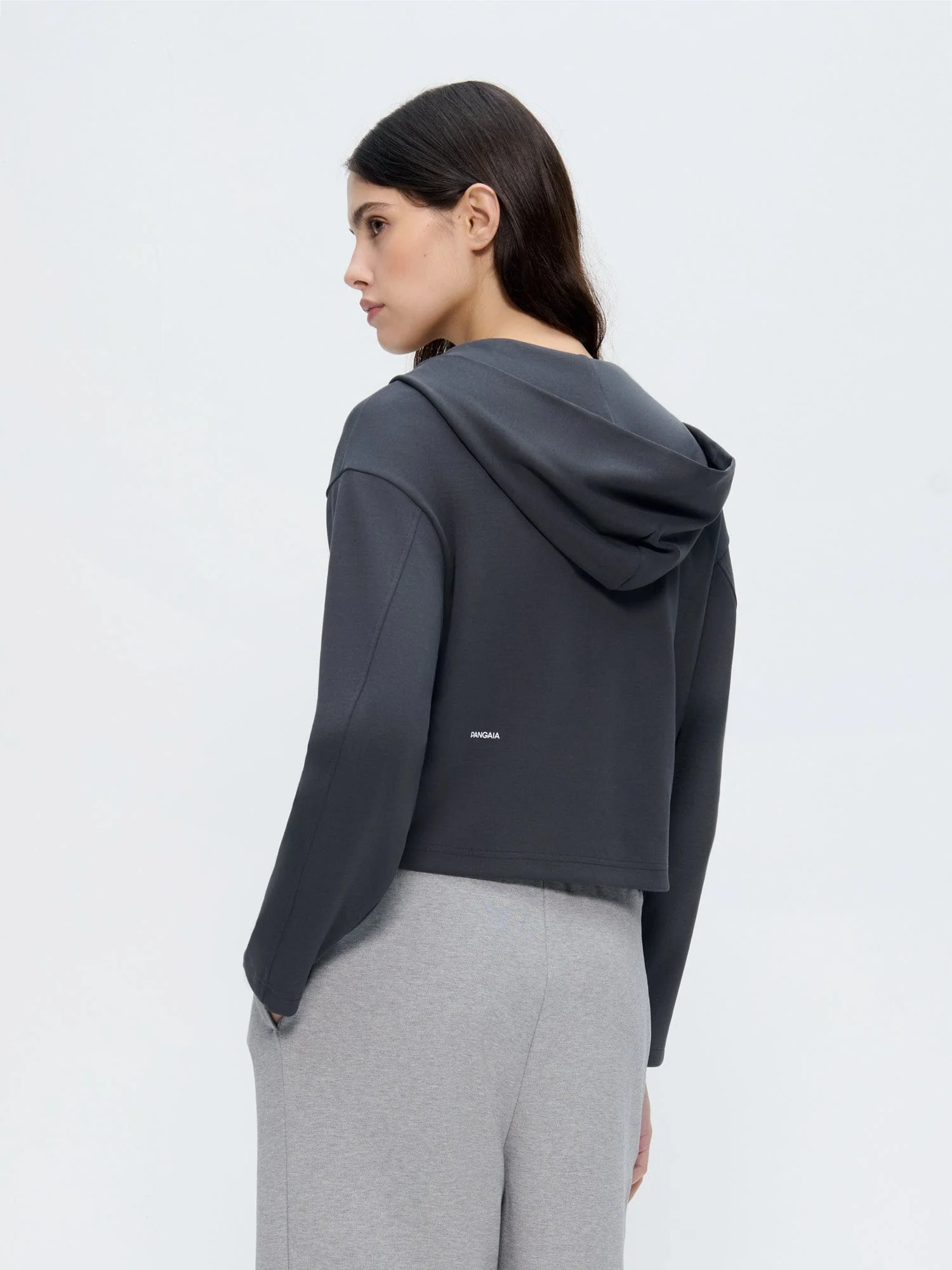 Womens Double Jersey Cropped Zip Up Hoodie—Smoked Black - Image 3