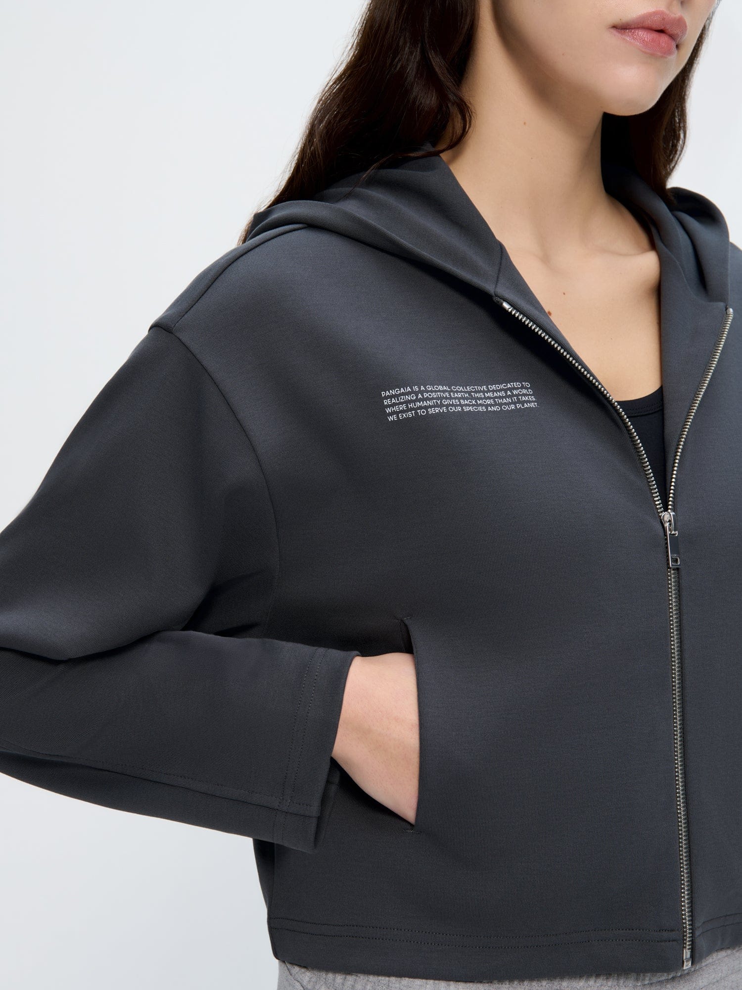 Womens Double Jersey Cropped Zip Up Hoodie—Smoked Black - Image 4
