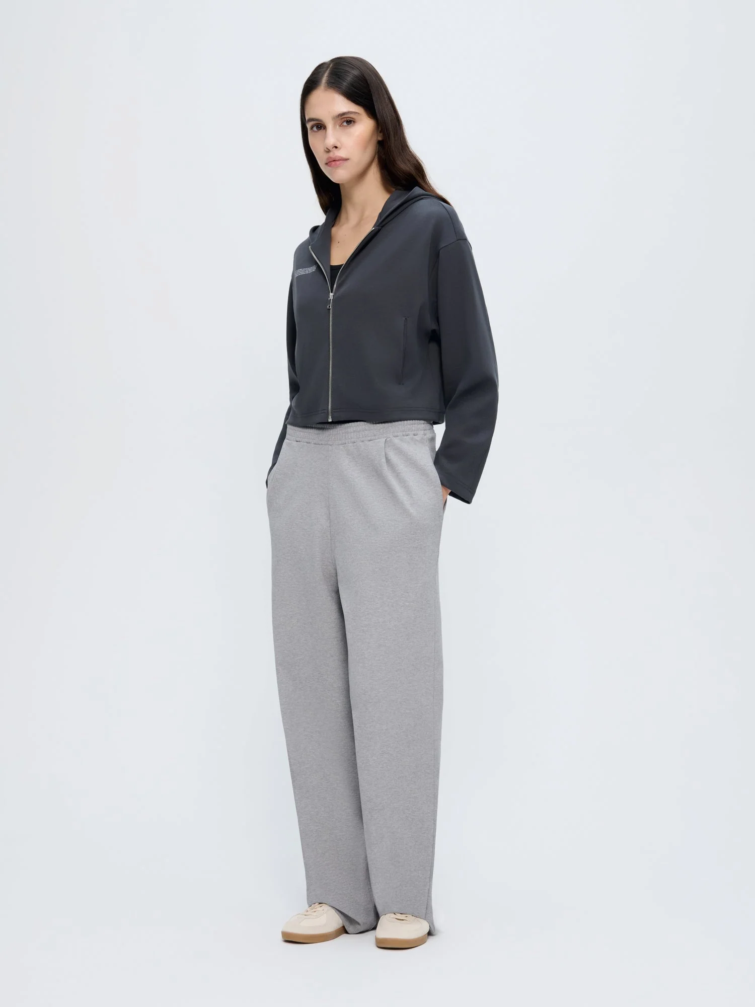 Womens Double Jersey Cropped Zip Up Hoodie—Smoked Black - Image 5